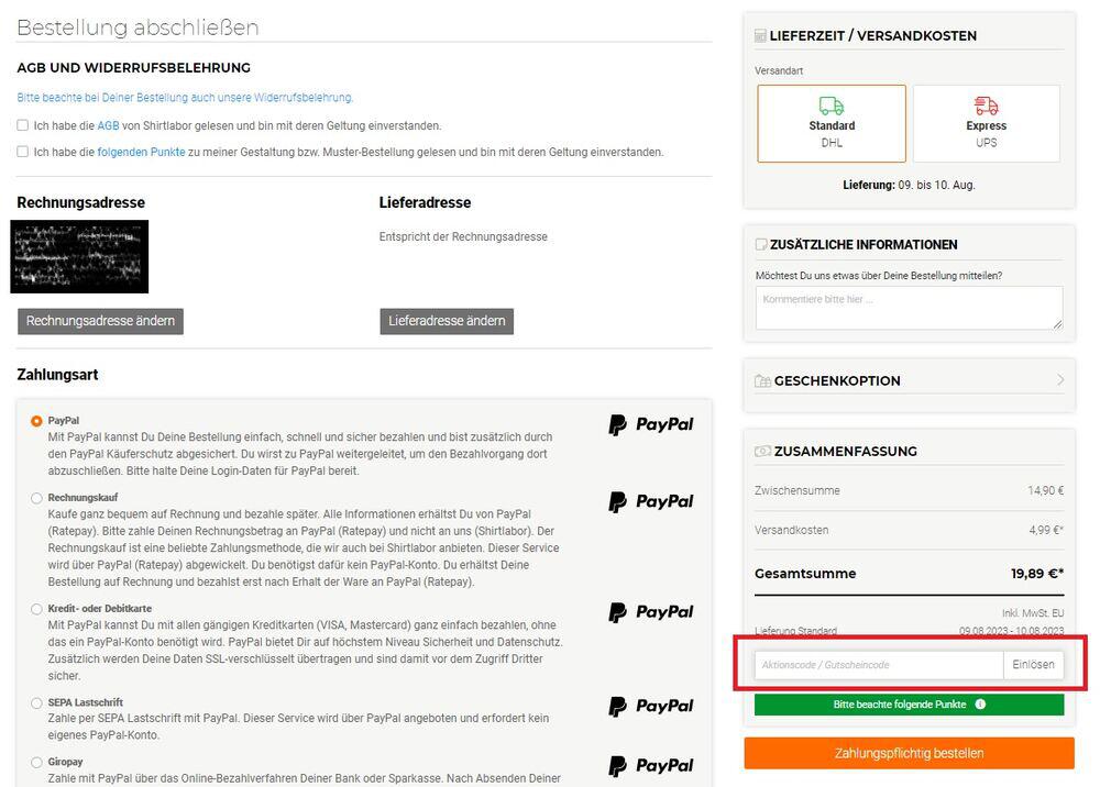 Screenshot von der virtuellen Kasse mit Eingabefeld, wo du einen Shirtlabor Gutschein einlösen kannst
