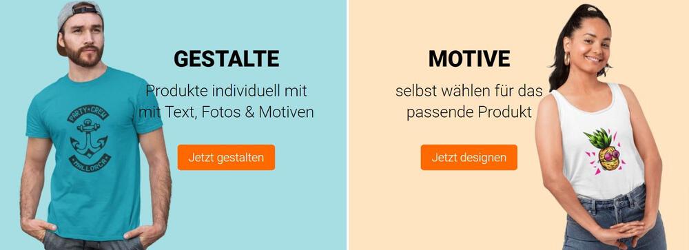 Bei Shirtlabor Textilien bedrucken lassen: linkes Foto zeigt Mann in blauem T-Shirt und Aufschrift "Gestalte Produkte individuell mit Text, Fotos & Motiven", rechtes Foto zeigt Frau in weißem Tanktop und Aufschrift "Motive selbst wählen für das passende Produkt"