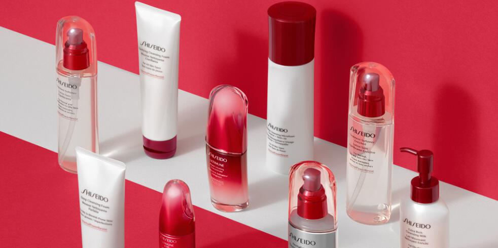 Shiseido ways to save banner - Rows of Shiseido branded products on a red and white surface