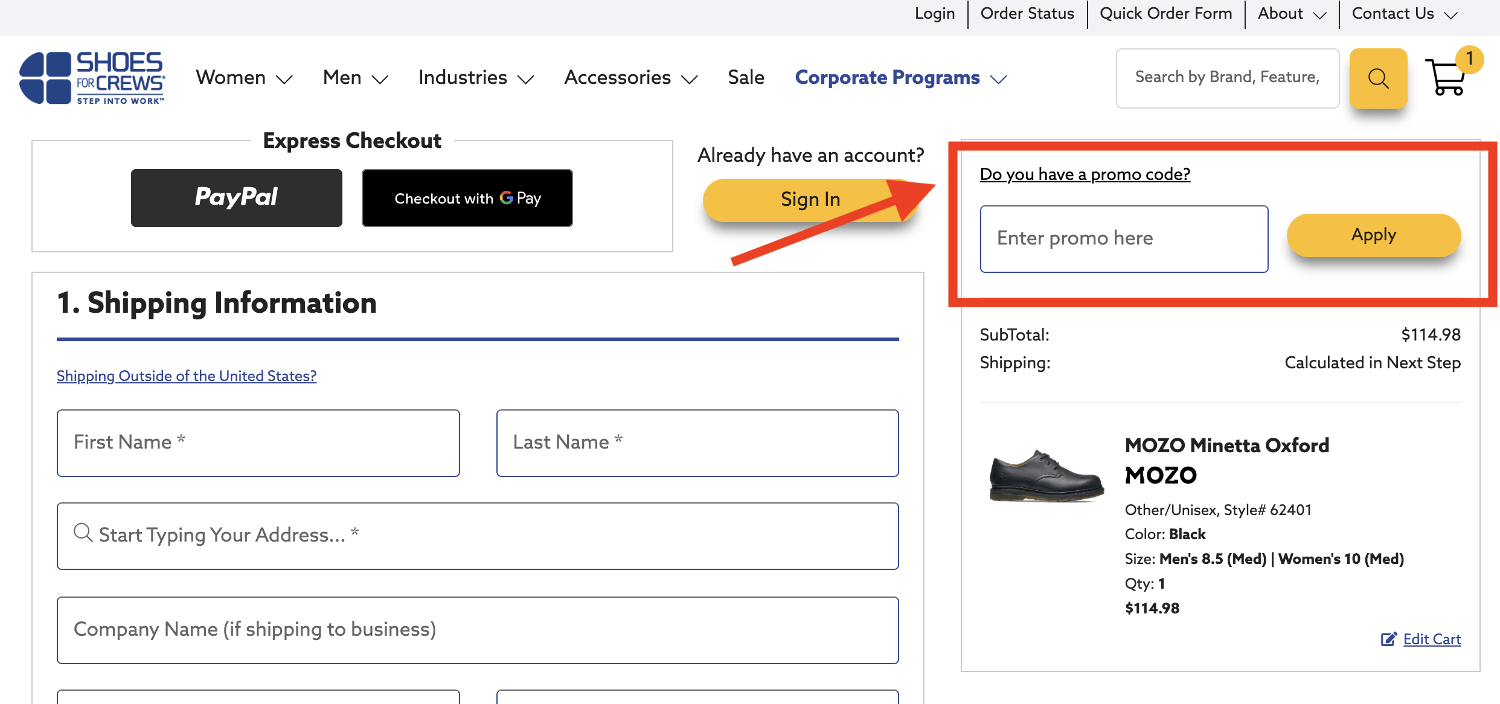 Shoes for Crews coupon box on checkout page