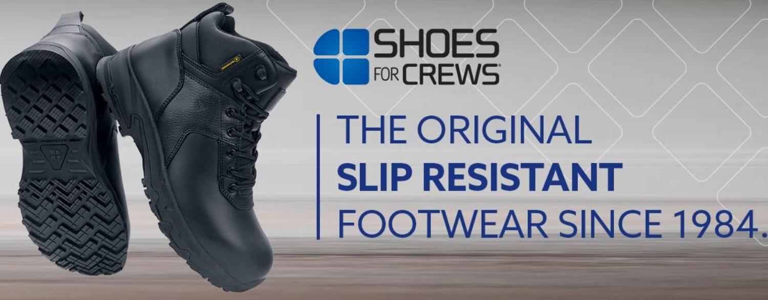 Shoes for Crews savings tips banner showing a pair of slip-resistant black boots alongside the company logo and the text &apos;The original slip resistant footwear since 1984