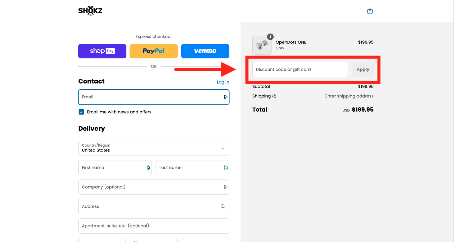 Shokz discount code box on checkout page