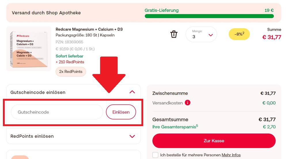 Eingabefeld für einen Shop Apotheke Gutschein im Warenkorb