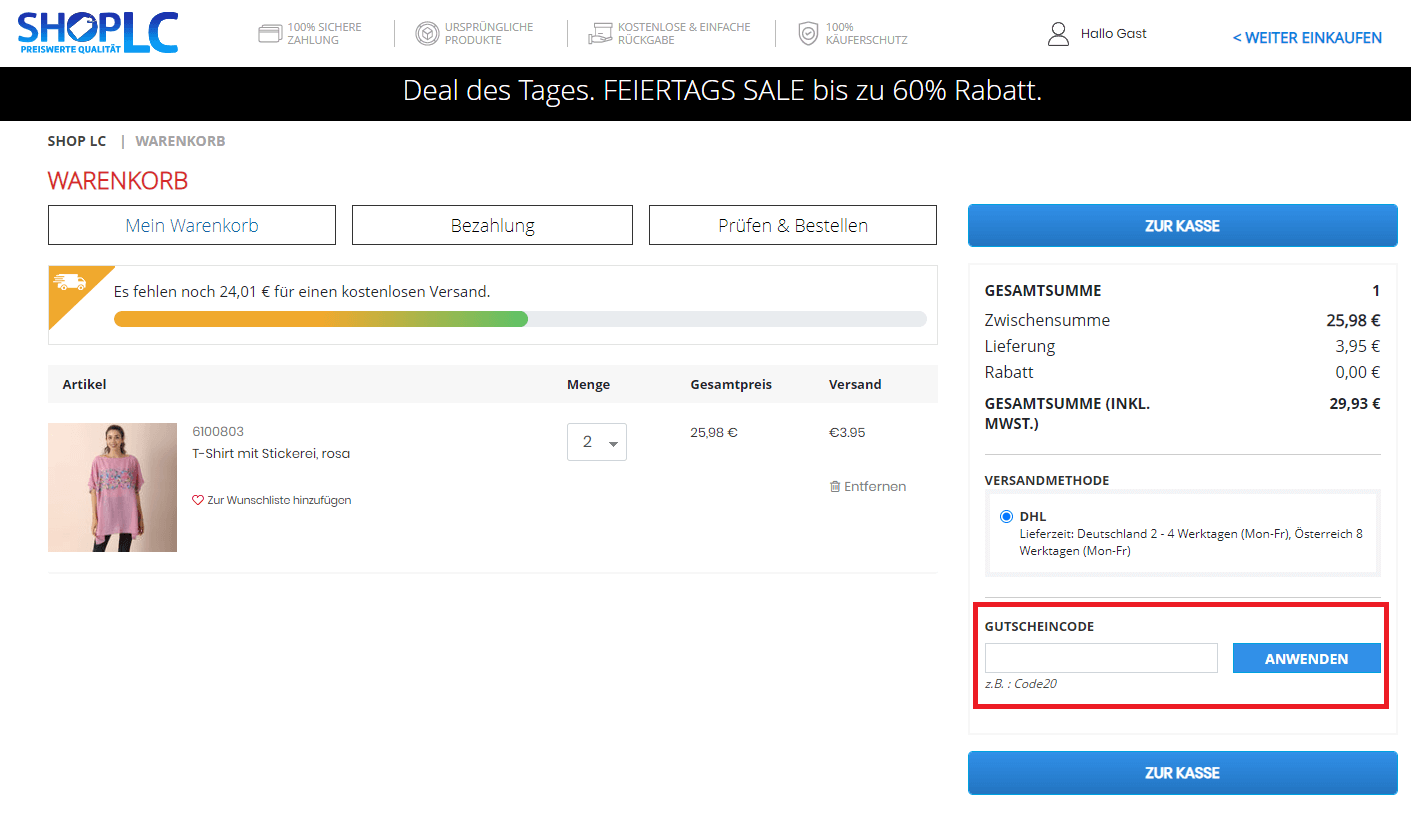 Im Warenkorb einen Shop-LC-Gutscheincode anwenden