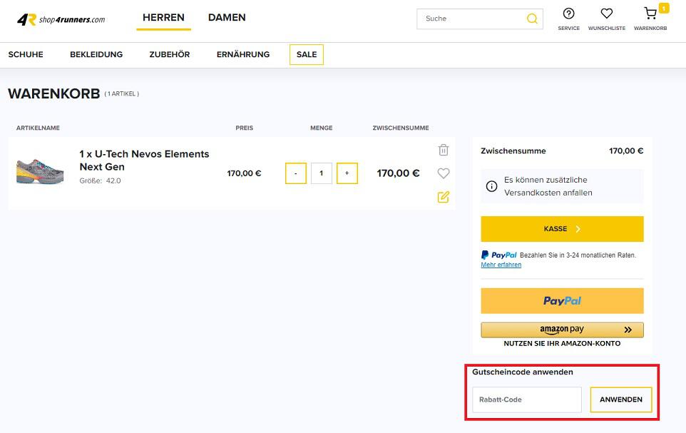 Screenshot aus dem Warenkorb mit Hinweis darauf, wie du den shop4runners Gutschein einlösen kannst.