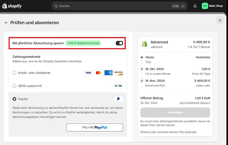 img: shopify-rabatt-erhalten / alt: Screenshot aus dem Warenkorb mit Hinweis darauf, wie du den Shopify Rabatt erhalten kannst.