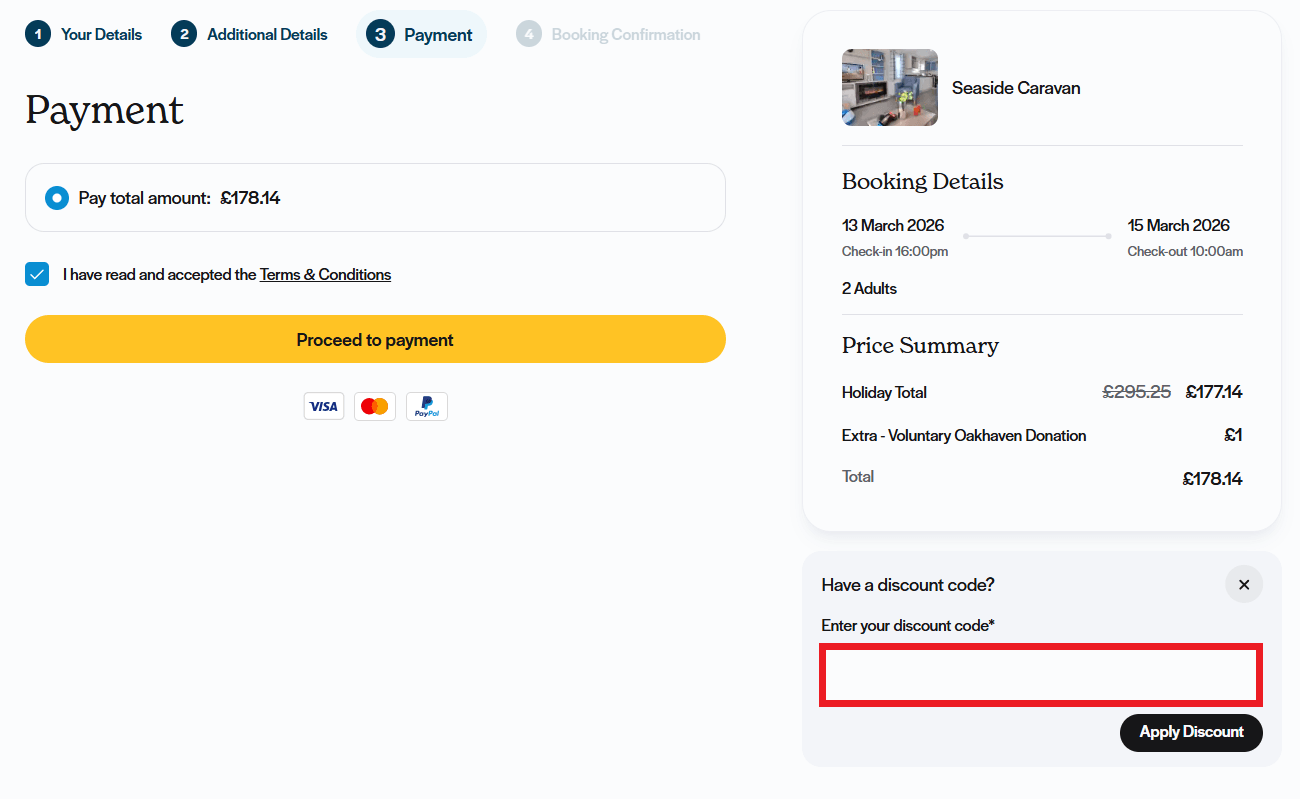 Shorefield Holidays discount code box during booking process