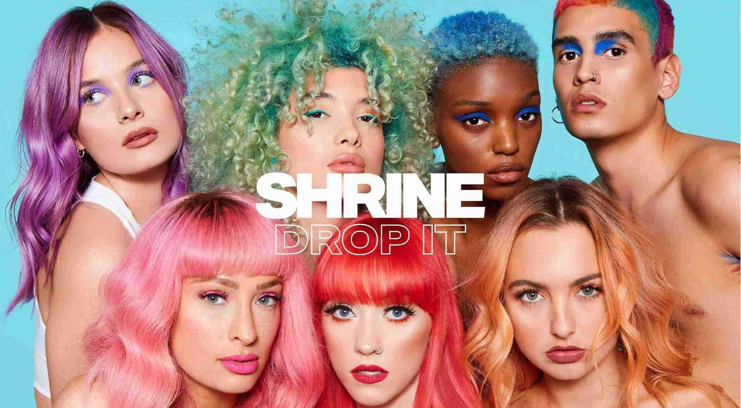 Shrine how to save guide image - 6 woman and 1 man with vibrant hair in different colours with the text, Shrine Drop it overlayed