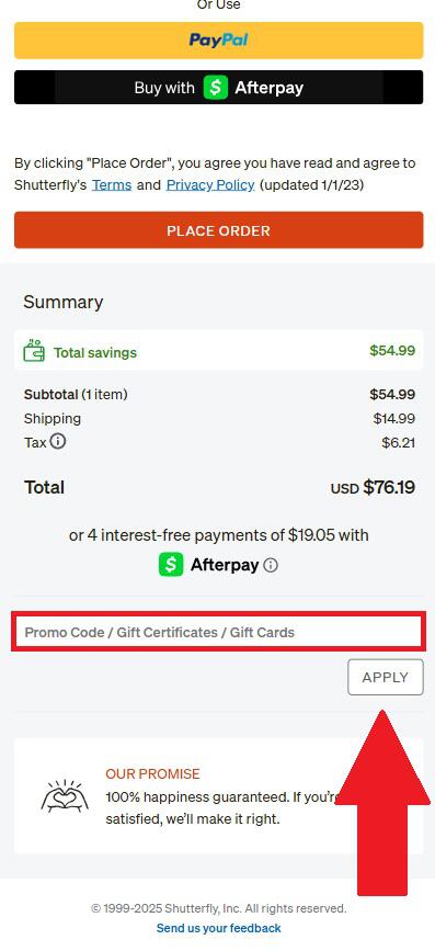 Shutterfly promo code box