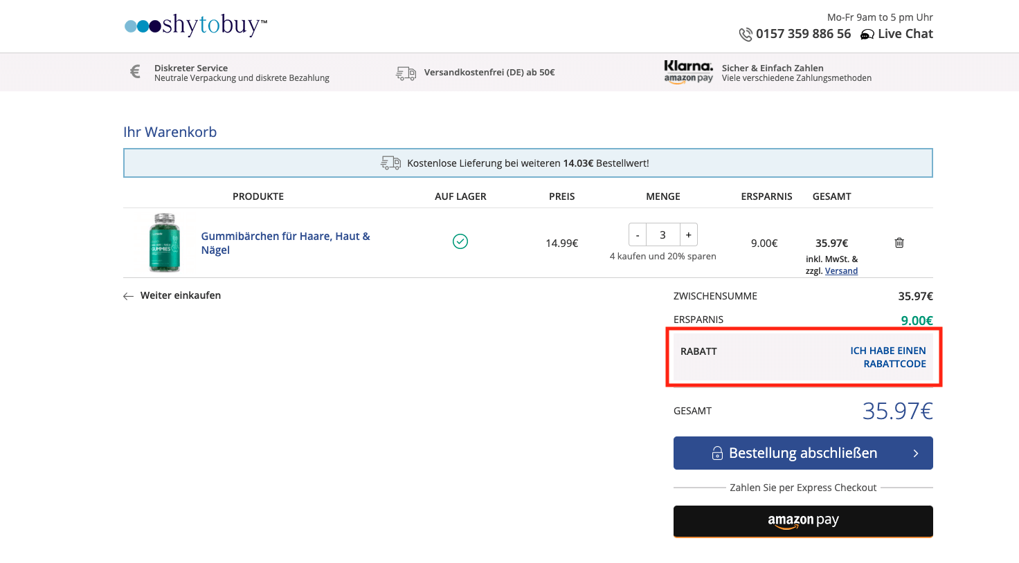 Screenshot der Warenkorbansicht, wo du einen ShyToBuy Gutschein einlösen kannst