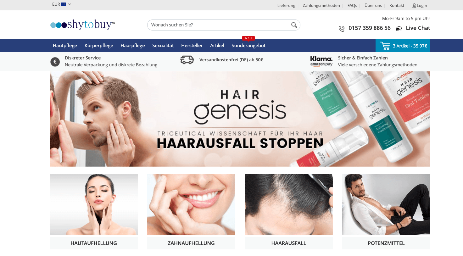 Kaufe diskrete Problemlöser exklusiv reduziert mit Gutscheinen von ShyToBuy – Screenshot der ShytoBuy Homepage