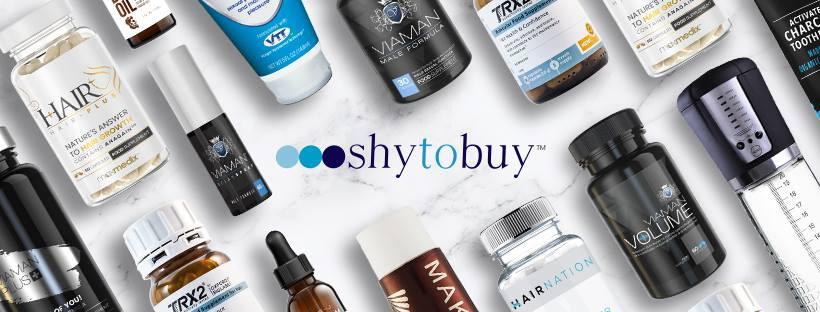 Banner der ShytoBuy Gutscheinseite: Verschiedene Nahrungsergänzungsmittel sind um das Shop-Logo herum positioniert