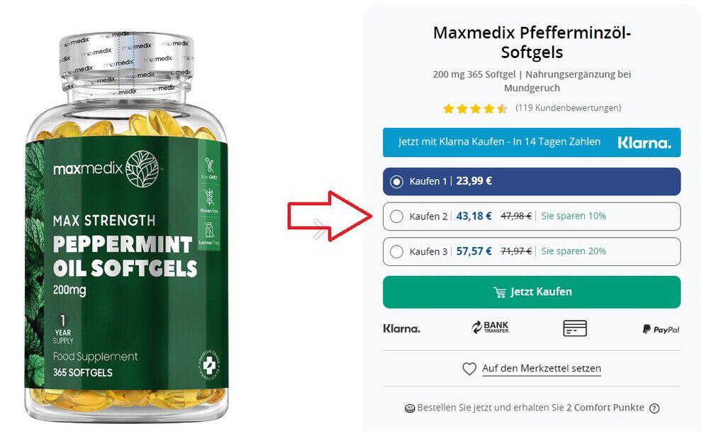 Screenshot von 10 % bis 20 % ShytoBuy Mengenrabatt auf Maxmedix Pfefferminzöl-Softgels gegen Mundgeruch