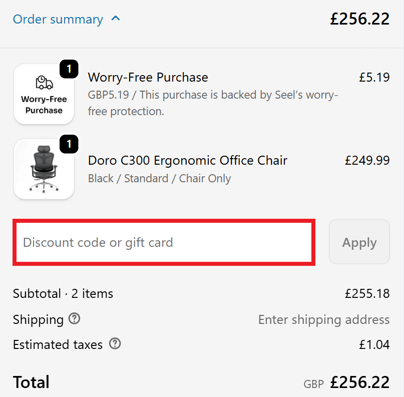 Sihoo discount code section picture, demonstrating where to redeem a voucher code