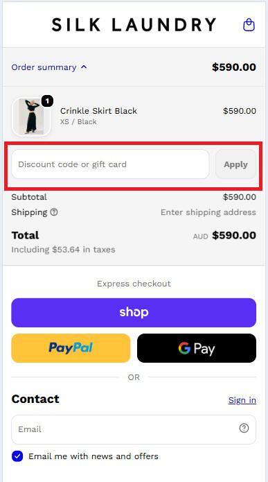 screenshot of the SILK LAUNDRY discount code box at checkout