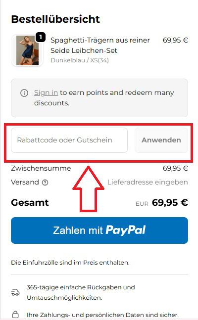 Screenshot von der Bestellungsübersicht an der Kasse, wo du deinen Silksilky Gutschein einlösen kannst