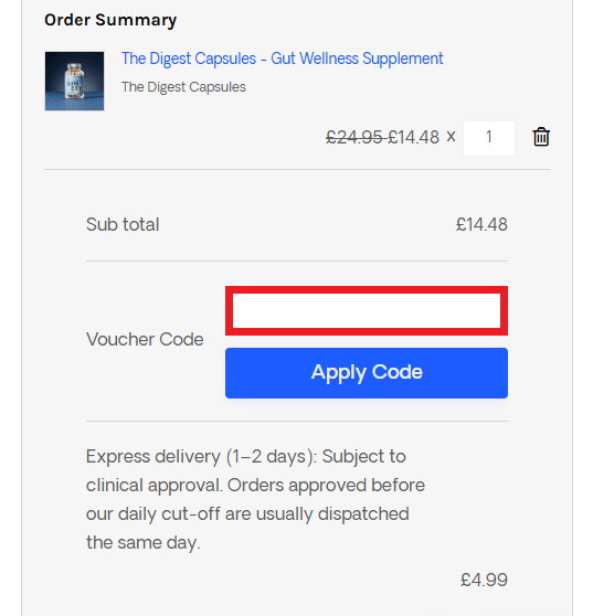 Simple Online Pharmacy discount code section on order summary page