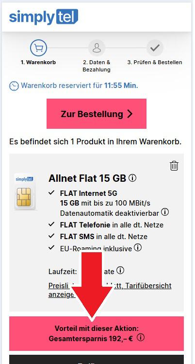 Warenkorbhinweis auf Preisvorteil durch simplytel Aktion