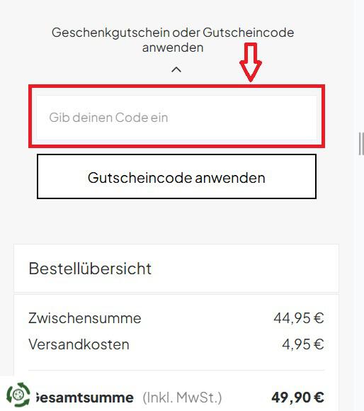 Warenkorb-Screenshot mit Eingabefeld für deinen Sinful Gutschein