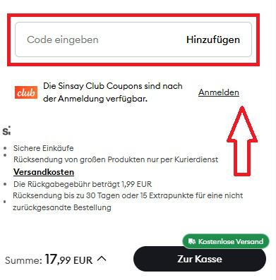 Screenshot von der Bestellübersicht, um einen Sinsay Gutschein einzulösen