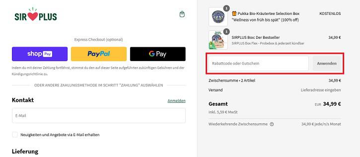 img: sirplus-gutschein-einloesen / alt: Screenshot aus dem Warenkorb mit Hinweis darauf, wie du den SIRPLUS Gutschein einlösen kannst.