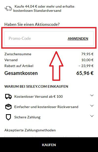Screenshot aus dem Warenkorb mit Hinweis darauf, wo du den Sisley Gutschein einlösen kannst