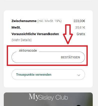 Screenshot von der Bestellübersicht, um einen Sisley Paris Gutschein einzulösen