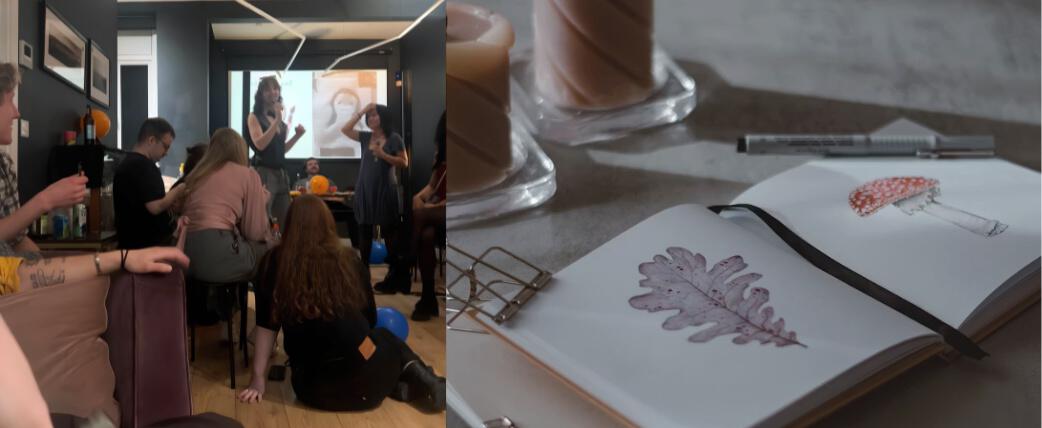 A group of people at a Skill Swap event, next to an open book with sketches of plants