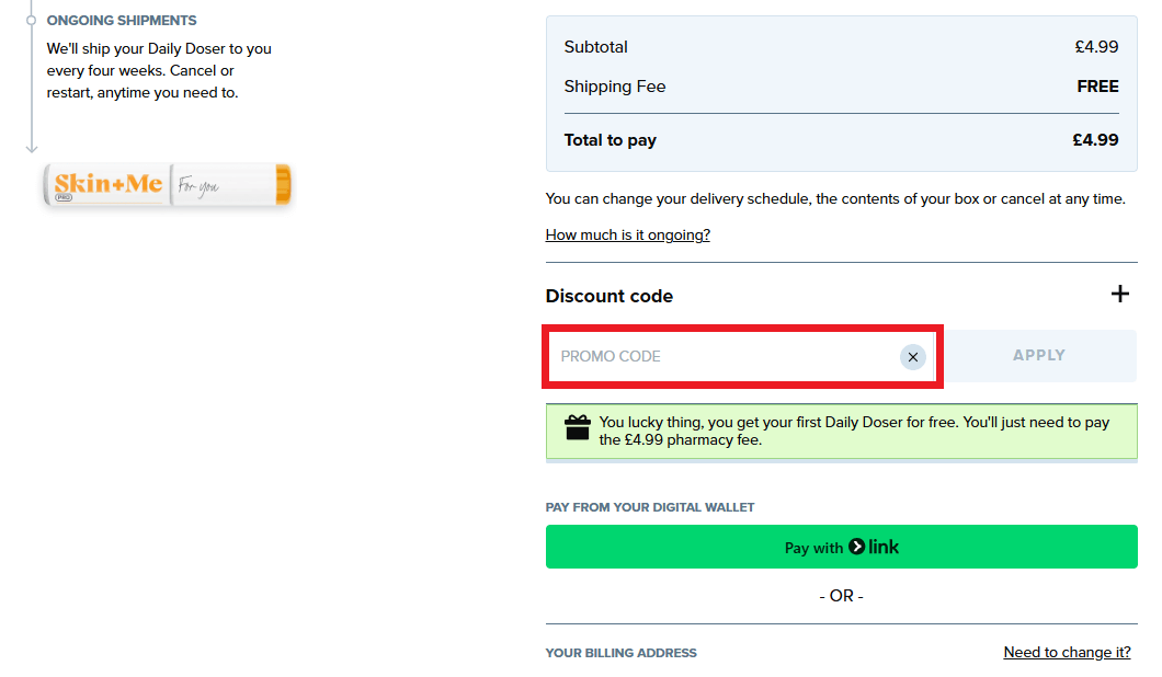 Skin + Me discount code box on the checkout page