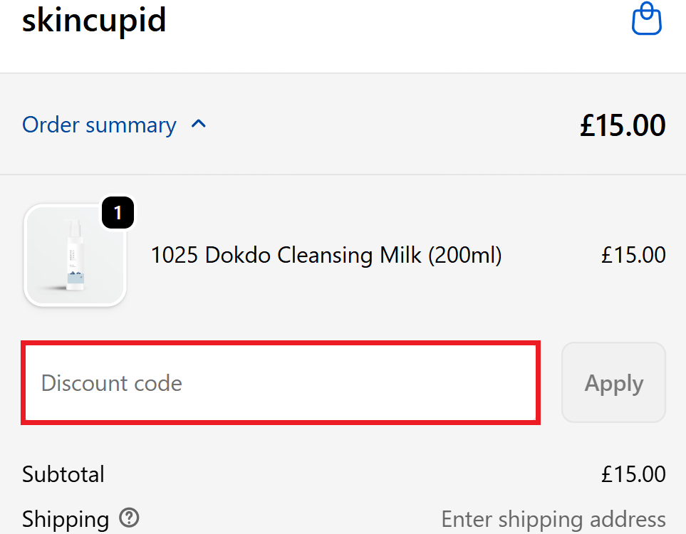 Skin Cupid discount code box during checkout