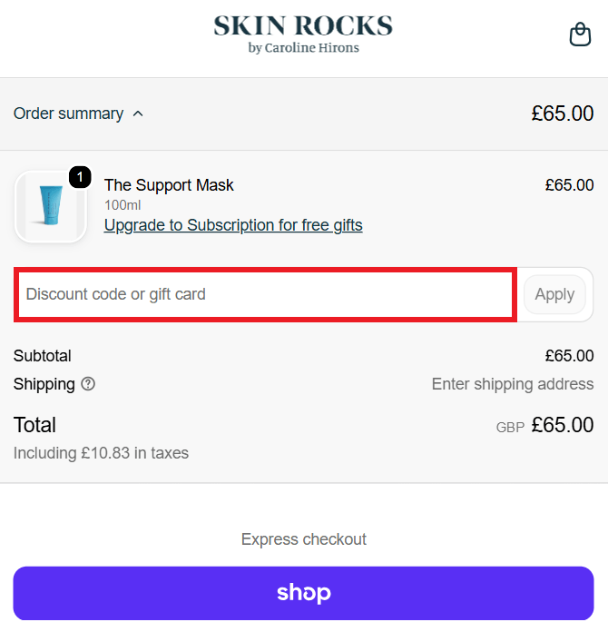 Skin Rocks discount code box in shopping basket