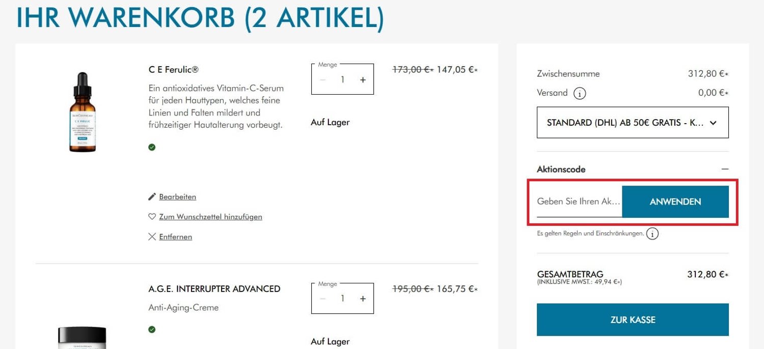 Deinen SkinCeuticals Gutschein löst du im Warenkorb des Online-Shops ein.