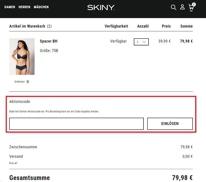 Screenshot aus dem Warenkorb mit dem Hinweis, wo du deinen SKINY Gutschein einlösen kannst