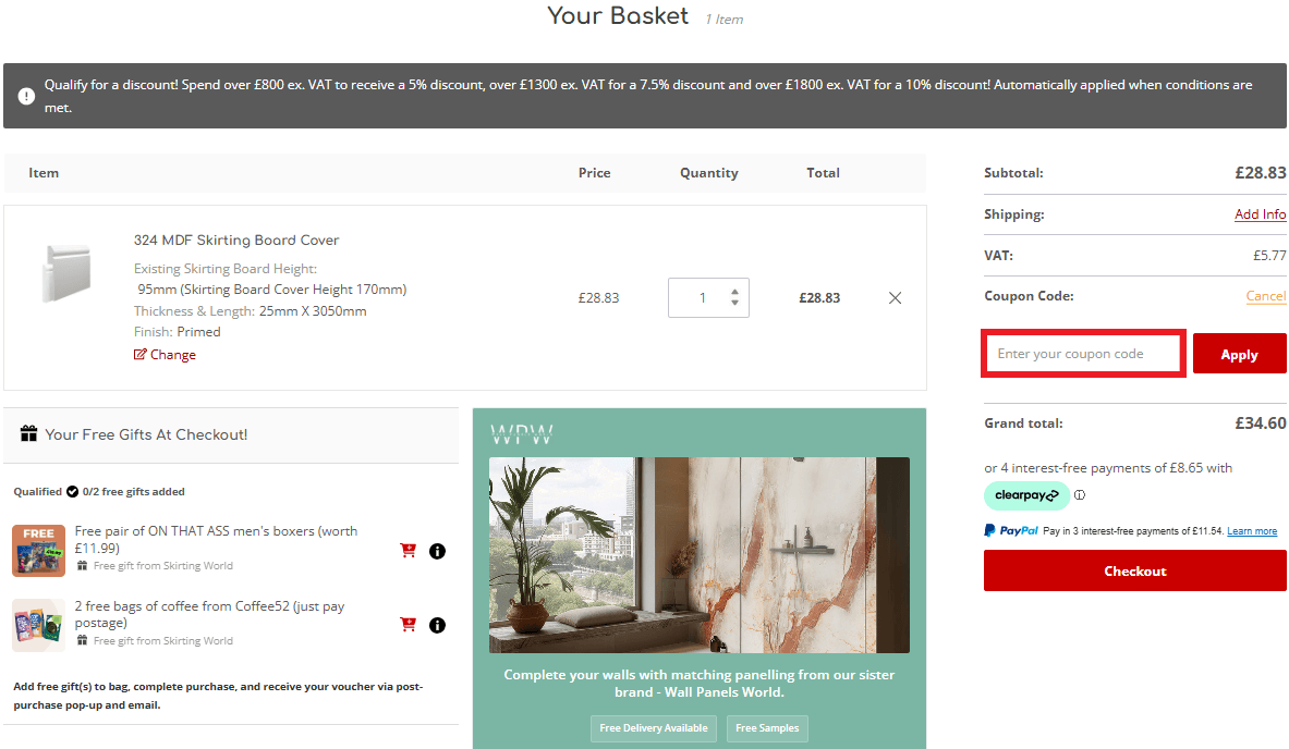 Skirting World discount code redemption box in the shopping basket