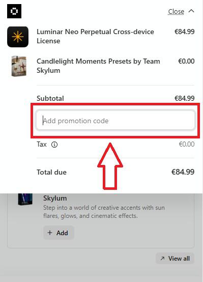 Screenshot aus dem Warenkorb mit Hinweis darauf, wo du den Skylum Gutschein einlösen kannst