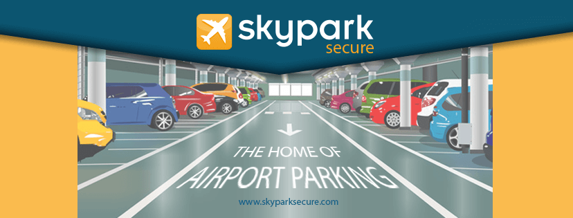 SkyParkSecure airport parking car park in graphic design. Text reads: The Home of Airport Parking