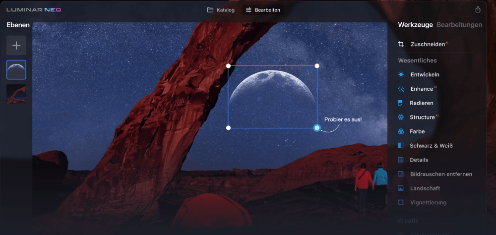 Skylum-Fotobearbeitung eines Nachthimmels mit Mond