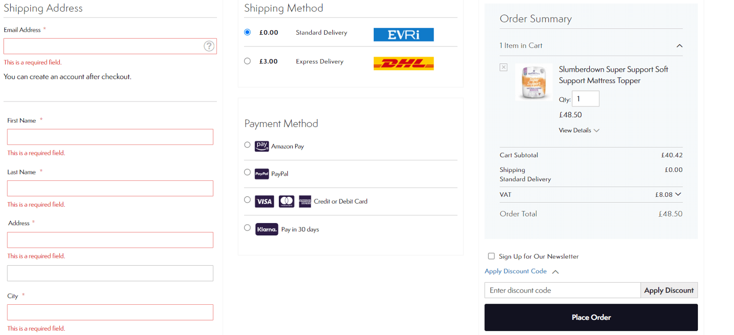 Screenshot of the Sleepseeker discount code application box on the checkout page