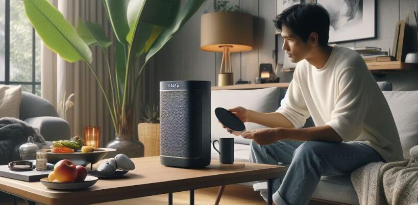 Smart Home Sounds savings guide featuring a man sitting on a sofa next to a speaker device