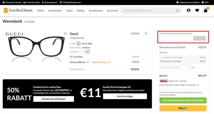 Screenshot aus dem Warenkorb mit Hinweis darauf, wo du den SmartBuyGlasses Gutschein einlösen kannst