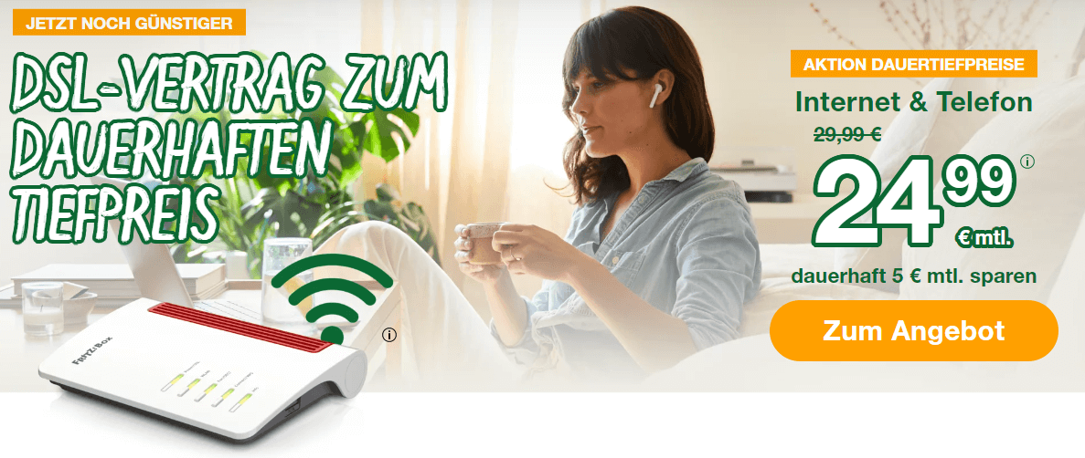 Banner für den Dauertiefpreis im smartmobil DSL Angebot, das du ohne Gutscheincode einlösen und monatlich 5 € sparen kannst
