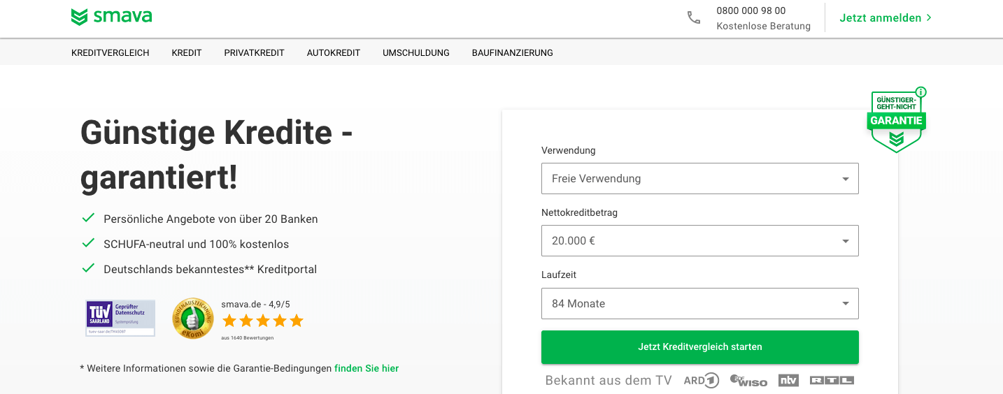 Finde immer den günstigsten Kredit auf der Smava Starseite