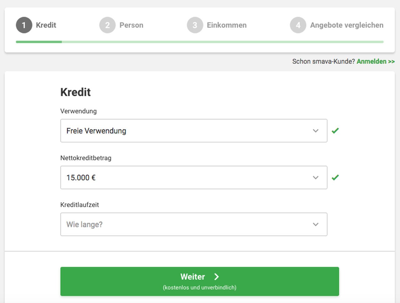 Funktion zum Kreditvergleich der besten Smava Angebote