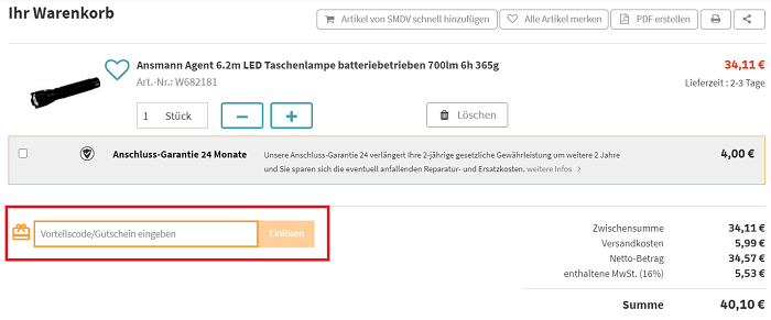 Eingabefeld für SMDV Gutscheine im Warenkorb