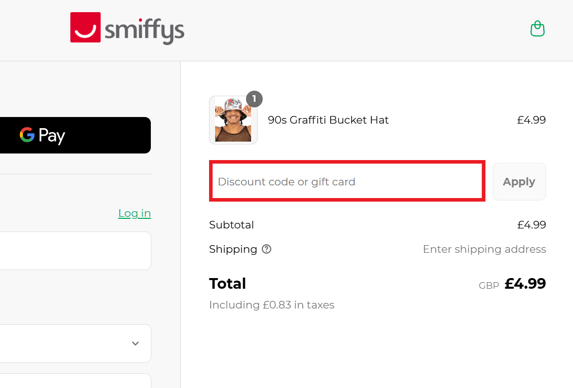 Smiffys discount code redemption box in basket