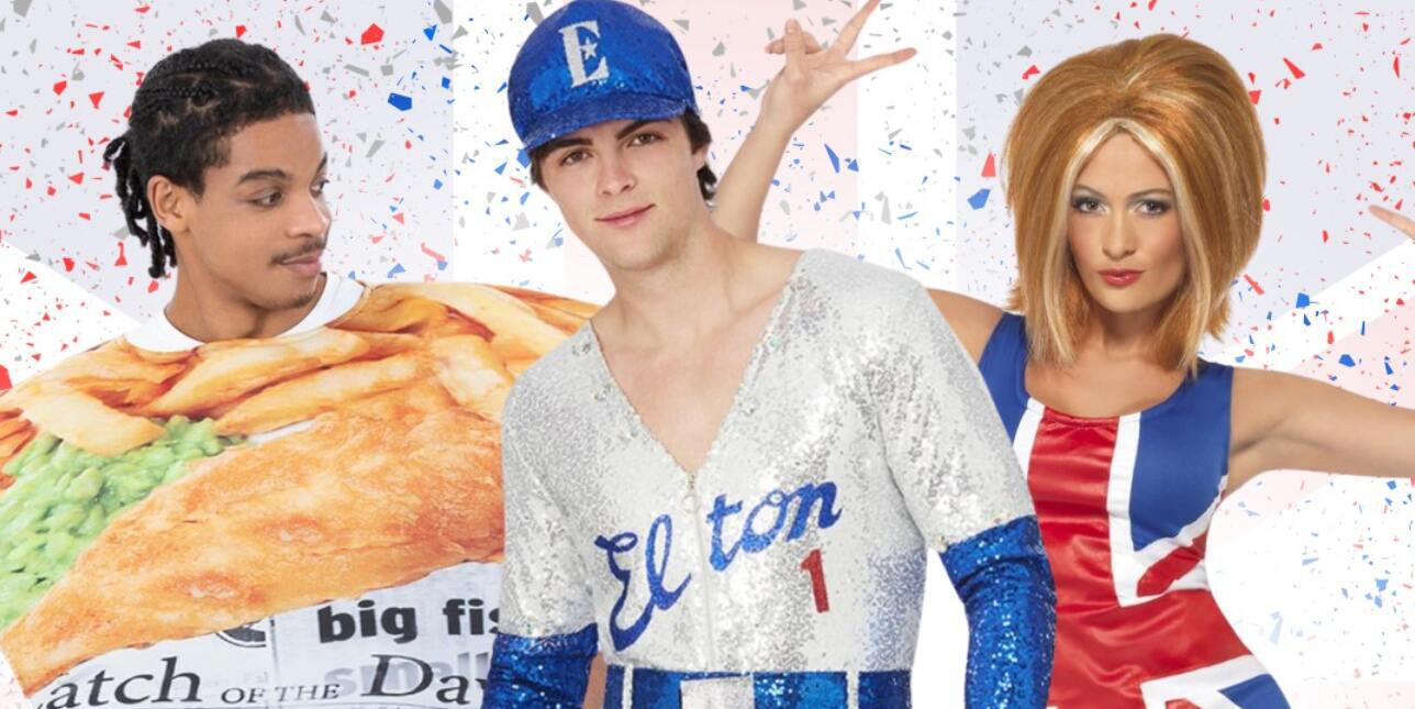 Smiffys how to save tips banner - 3 people wearing fancy dress. The costumes are fish &chips, Elton John and Spice Girl union flag dress