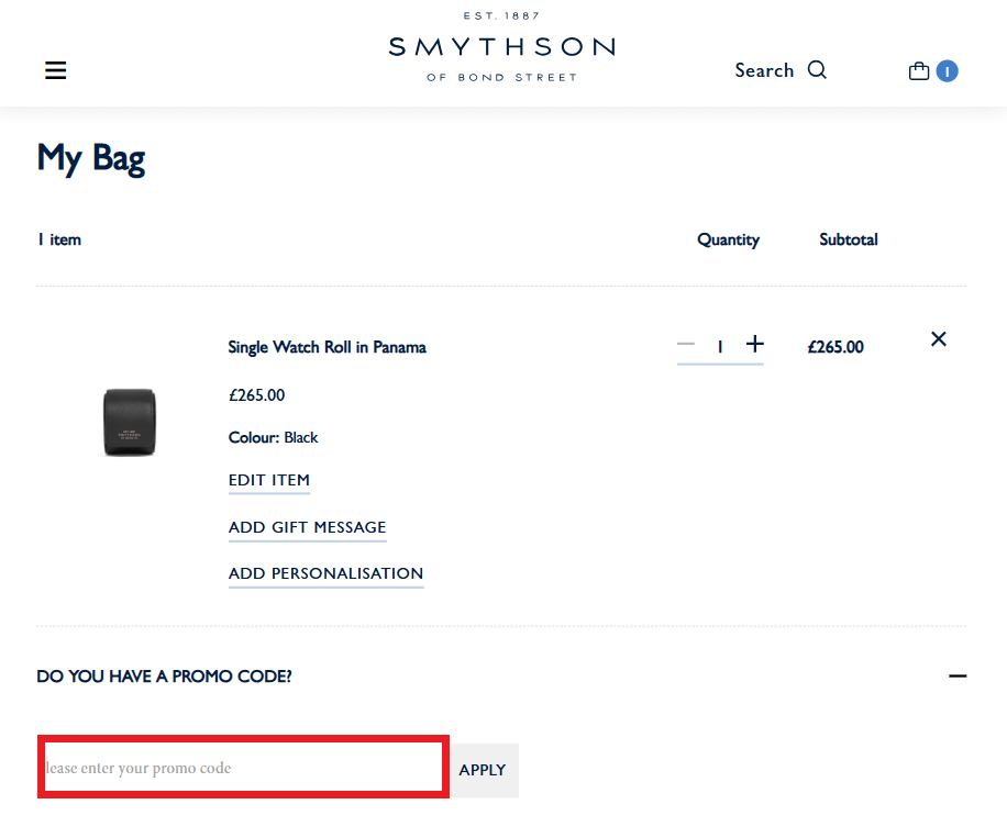 Smythson discount code redemption box in shopping basket