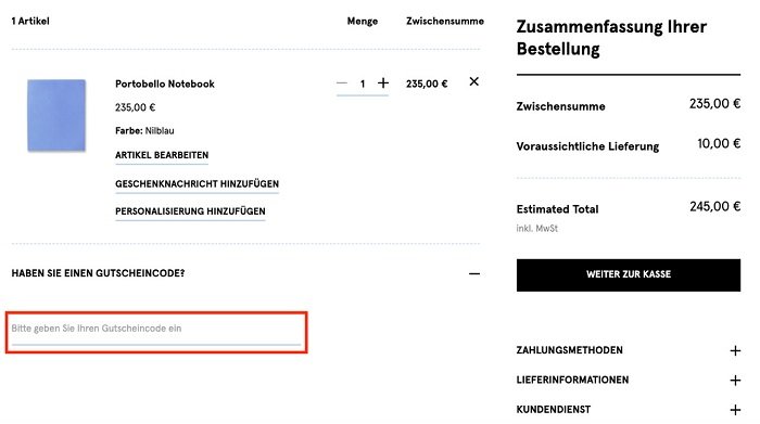 Eingabefeld für den Smythson-Promocode im Warenkorb
