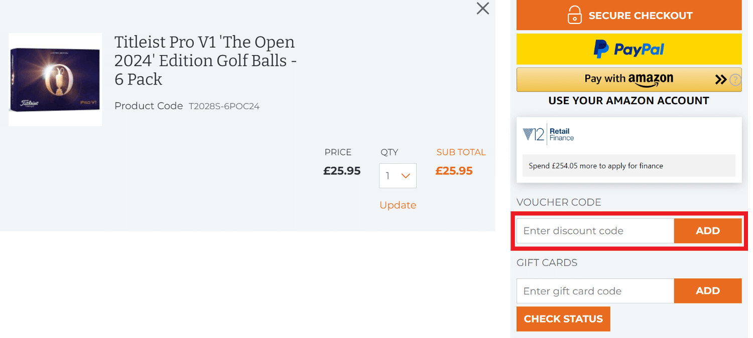 Snainton Golf discount code area in shopping cart