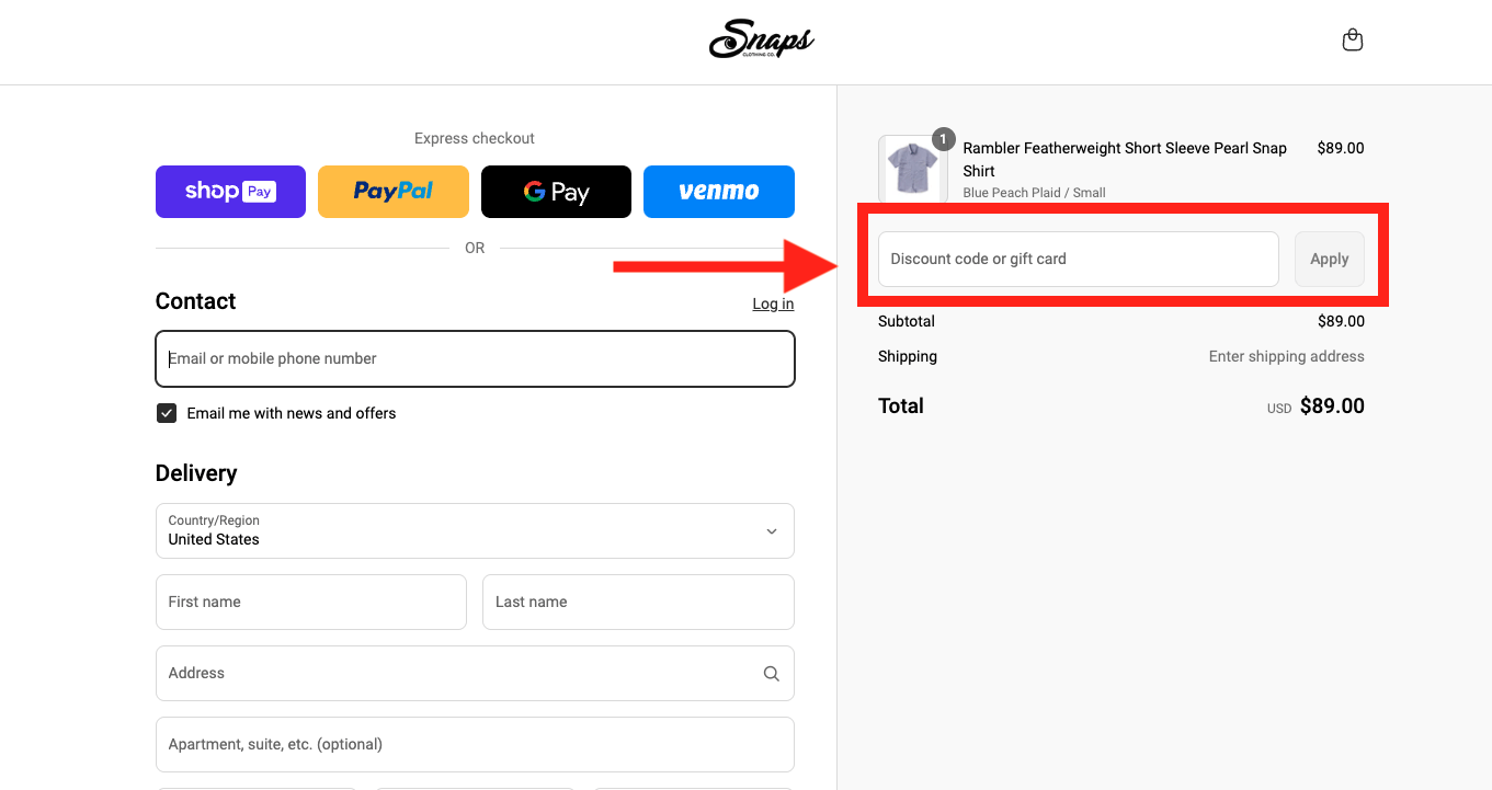 Snaps Clothing promo code box on checkout page